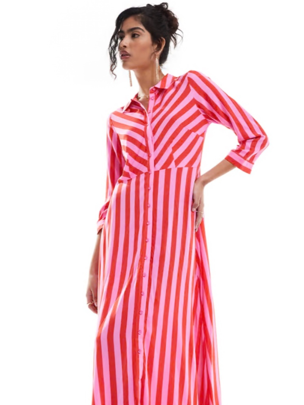 ASOS YAS Striped Pink Red Long Sleeve Shirt Dress
